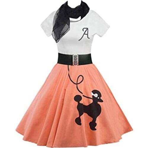 Retro Poodle Print High Waist Skater Vintage Rockabilly Swing Tee Cocktail Dress Halloween Party Dress Costumes