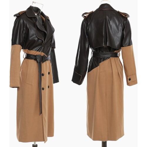 High Quality Faux Leather Jacket Women 2021 Long Womens Spring Patchwork Gothic Lapel Biker Jacket Woman Windbreaker Raincoat