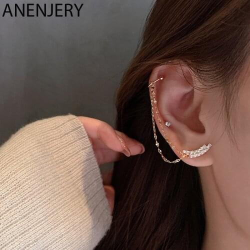 ANENJERY 925 Sterling Silver 1PC Curved Tassel Clip-On Earrings for Women Geometric Zircon Earring Party Jewelry Gifts S-E1356