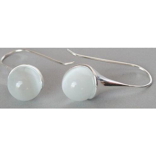 14mm White Cats Eye stone Opal 925 Sterling Hook Earring 1 1/2' valentines Natural bread big earringsWomen Party