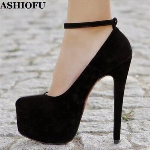 ASHIOFU Handmade Womens High Heel Platform Pumps Buckle Ankle Strap Office Party Shoes Evening Club Fashion Court Shoes