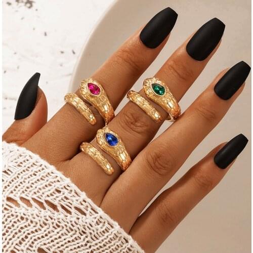 HuaTang 3pcs/set Vintage Snake Joint Rings for Women Bohemian Colorful Crystal Open Animal Rings Charming Jewelry Anillo 18444