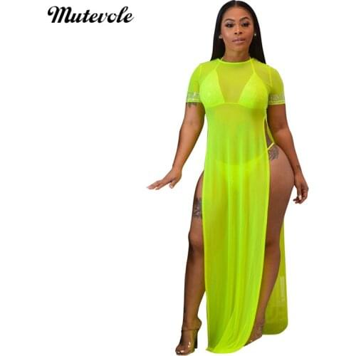 Mutevole Summer Sexy See Through Club Dress Women High Split Transparent Mesh Party Dress Short Sleeve O Neck Long Maxi Dress