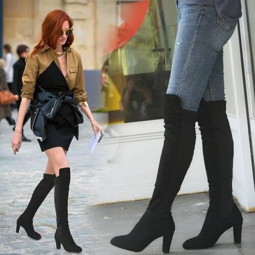 Winter Boots Women Thigh High Boots Fashion Sexy Over The Knee Boots Black Red Mixed Colors Flock Leather Slim Boots Shoes Woman
