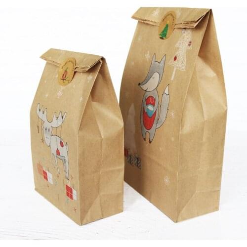 12/24pcs/set cartoon fox kraft paper bags+paper stickers cookies snack bread paper bag birthday partygift packing bags