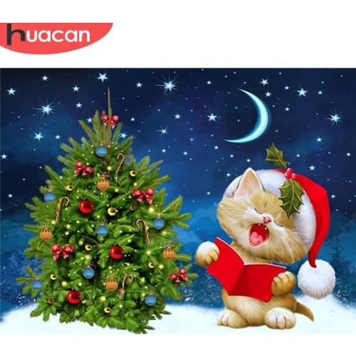 HUACAN Diamond Embroidery Cat Animal Diamond Painting Full Square Christmas Tree Pictures Of Rhinestones Mosaic Home Decoration