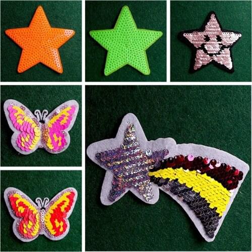 Sequin Star Patch Butterfly Stickers DIY Fabric Appliques Badges On Backpack Sew On Coats Jeans Pants Stripes Stickers Accessory