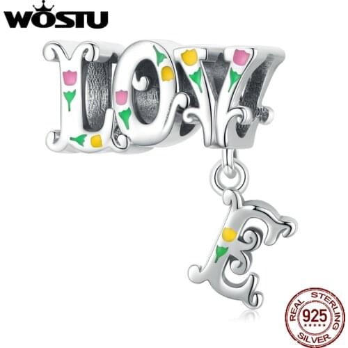 WOSTU 925 Sterling Silver Dimensional Letters Love Flowers Charm Charm Beads Fit Original Bracelet DIY Jewelry CTC518