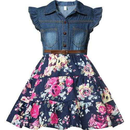 Girls Denim Floral Dress Summer Party Dress with Belt Children Flying Short Sleeve Casual Clothing Baby Girl Kids Fashion Outfit