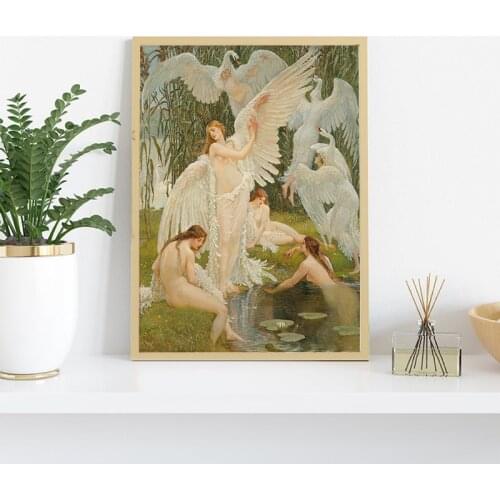 The Swan Maidens Oil Painting by Walter Crane English Painter Canvas Print Winged Women Angels Gallery Wall Art Pictures Decor