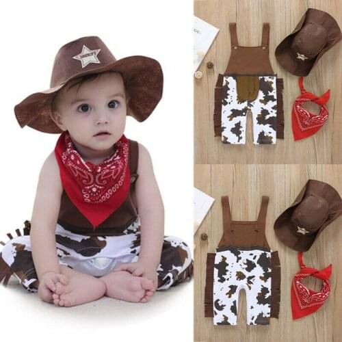 Pudcoco Newborn Baby Boy Clothes Cowboy Hat+Scarf+Sleeveless Romper 3PCS Outfits Western Cowboy Sheriff Fancy Clothes