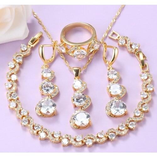Bridal Jewelry Sets For Women Wedding Classic Accessories Bracelet Ring Earrings And Necklace Sets Gold-Color 6-Colors Jewelry
