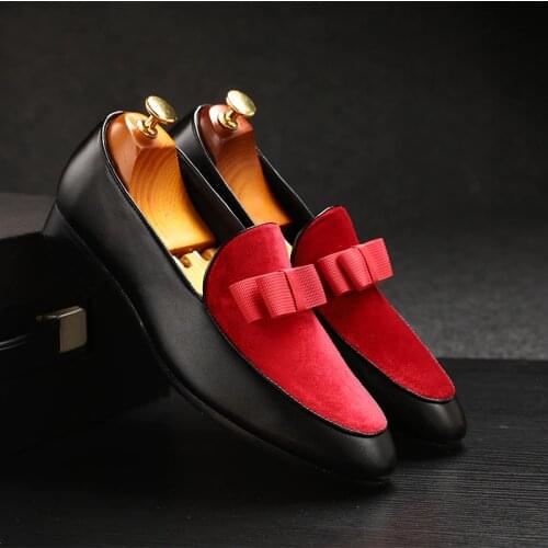 M-anxiu Men Formal Shoes Bowknot Wedding Dress Male Flats Gentlemen Casual Slip on Shoes Black Patent Leather Red Suede Loafers