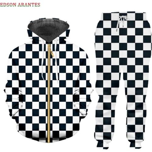 Novelty 3d Mens Sets Fashion print Black White Plaid Zipper Hoodie Sweatpants 2 Pcs Tracksuits Custom Unisex Sweatshirts Pants