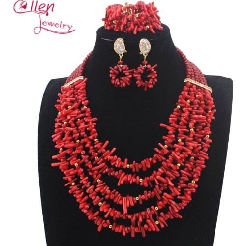 New Handmade Nigerian Wedding African Red Coral Beads Jewelry Set Red Coral Beads Necklace Jewelry Set Free Shipping W13896