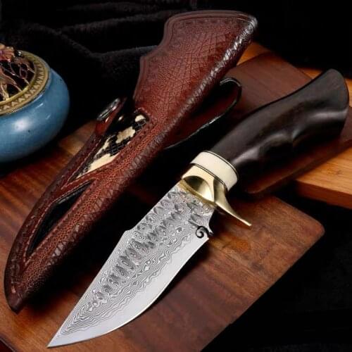 New VG10 Damascus Steel Fixed Blade Knife Sandalwood Handle Outdoor Survival Camping Hunting Tactical Knives with Sheath