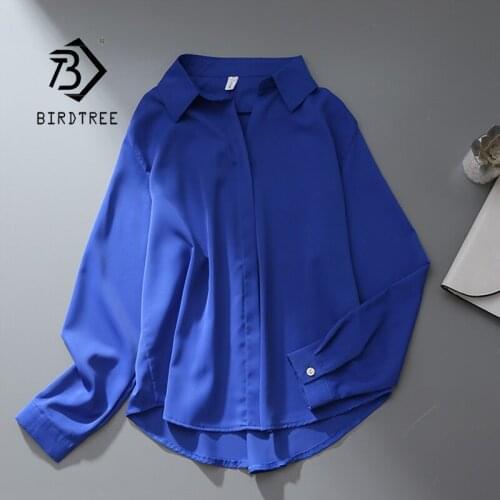 Autumn New Women Vintage V-Neck Oversize Solid Blouse Long Sleeve Button Up Turn-Down Collar Office Shirts Casual Basic Tops T18
