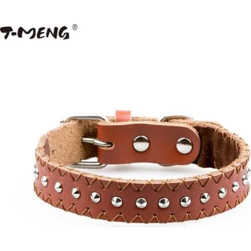 New Fashion Leather Dog Collar Adjustable for Small Puppy Dogs Spiked Rivet Studded Light Brown Pet Necklace With Hand Stitching