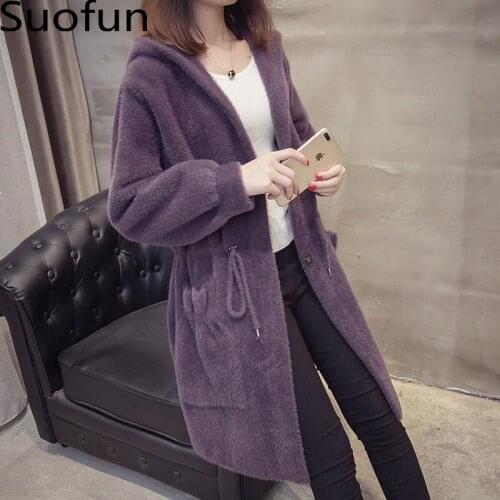 Autumn And Winter New Mink Like Cashmere Coat Womens Cardigan Korean Hooded Loose Medium Length Mink Sweater Coat Thickened