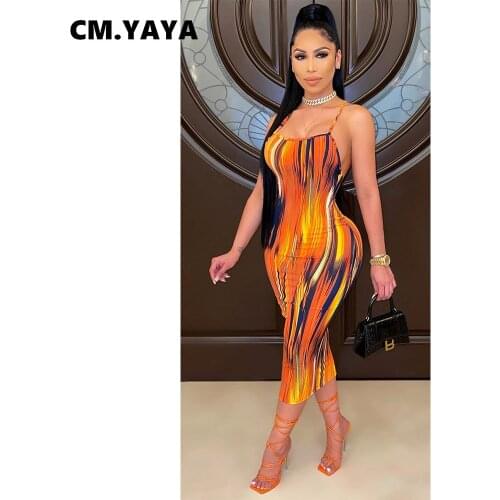 CM.YAYA Women Dress Print Sleeveless Spaghetti Strap Hollow Out Back Sheath Elastic Midi Dresses Sexy Night Club Party Dress