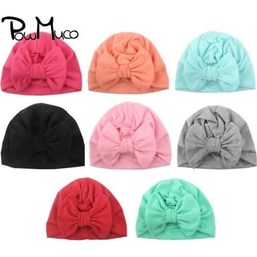Powmuco 18.5*14.5 CM Solid Color Cotton Blends Baby Hats Fashion Handmade Bowknot Infant Caps Children Turban Kids Accessories