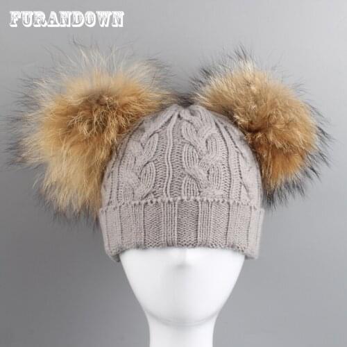 FURANDOWN Winter Fur Caps Hats For Kids Girls Two Pom Poms Skullies Beanies Child Knitted Cap Baby Hat