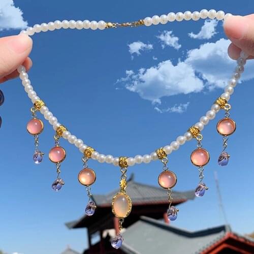XinHuaEase Hanfu Accessories Costume Jewelry Necklace for Women Girls Ancient Chinese Imitation Pearls Tanling Decorative Folk