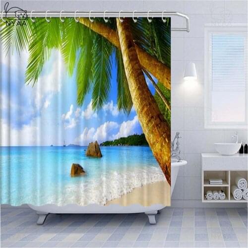 Beach Shower Curtain Coconut Tree Blue Sky Sea Beach Shower Curtain High Quality Waterproof Polyester Bath Screen For Home Decor