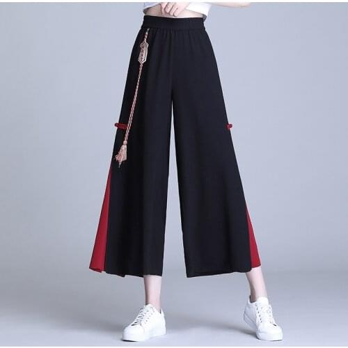 Chinese Style WomenS Pants 2021 New Summer Chiffon Hippie Ethnic Loose Black Embroidery Wide Leg Pants Kimonos Trousers FF3088