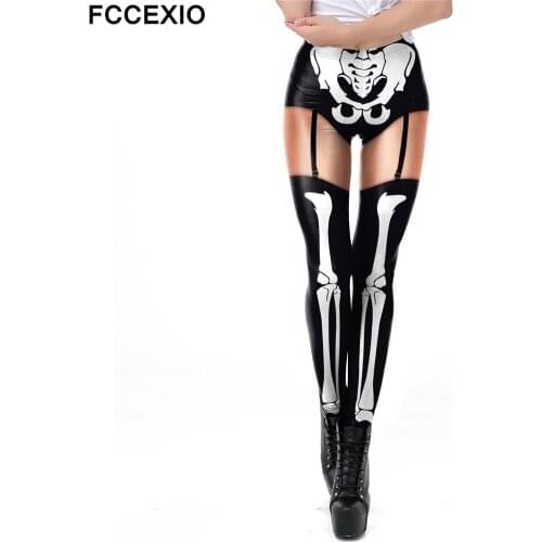 FCCEXIO Black Skeleton Print Women Leggings Cosplay Sexy Elastic Skinny Pants Fashion Leggin Workout Fitness Leggings S-XL