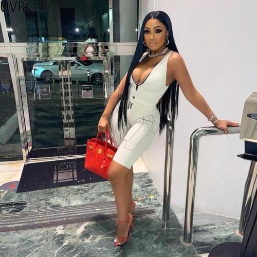 UVRCOS Letter Pattern Playsuit Women Vintage Hot Summer Rompers V-Neck Zipper Cleavage Sleeveless Midnight Sexy Club Streetwear