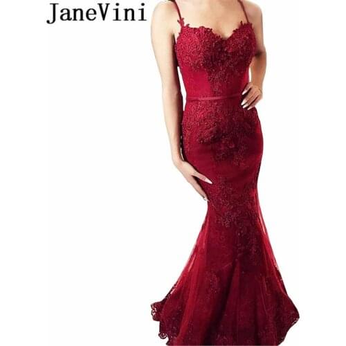 JaneVini Elegant Arabic Burgundy Mermaid Prom Dress Long Spaghetti Straps Lace Appliques Sequins Backless Sexy Prom Dresses 2019