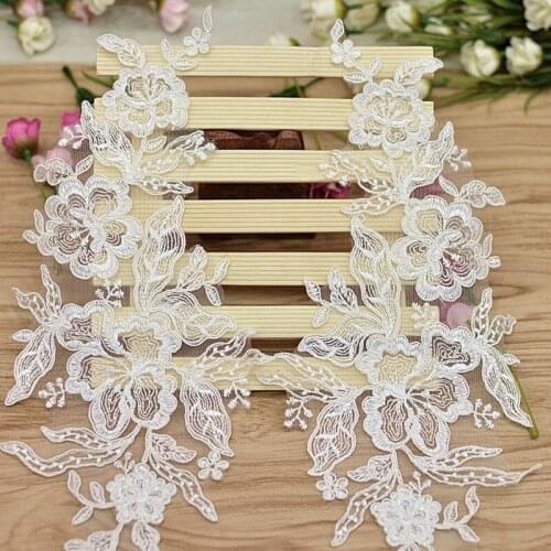 High quality ivory cream color Rayon embroidered lace applique motif use for wedding dress sewing decoration material