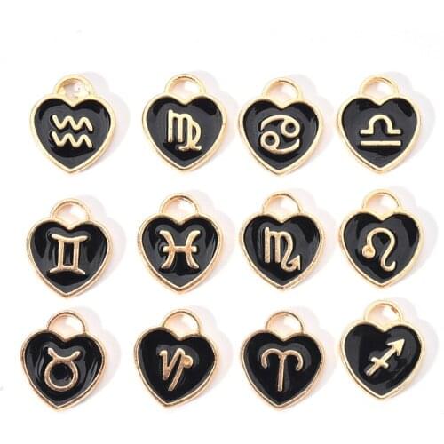 12pcs/Set Alloy Enamel Heart Pendants With 12 Constellations patten for jewelry making Accessories Decor 14x12x1.8mm, Hole: 4mm