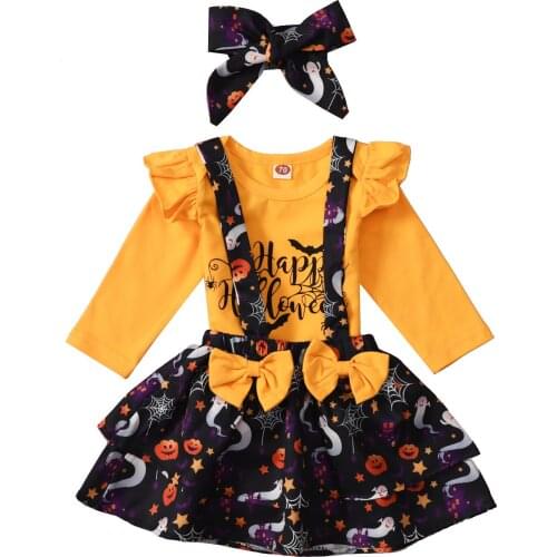 3-24m Autumn Toddler Baby Girls Clothes Set 3pcs Infant Ruffles Long Sleeve Romper Bodysuit Halloween Suspender Skirts Headband