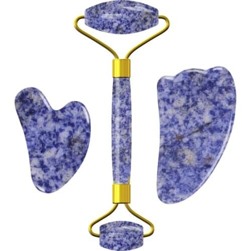 3 in 1 Jade Face Massage Roller Gua Sha Scraper Set 100% Natural Sodalite Stone Facial Massager Body Gua Sha Skin Care Tools