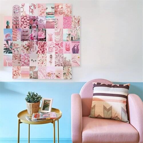 50Pcs Cute Girlish Pink Theme Style Postcard Wall Sticker Landscape Flowers Trinkets Picture for Wall Collage Room Decoration