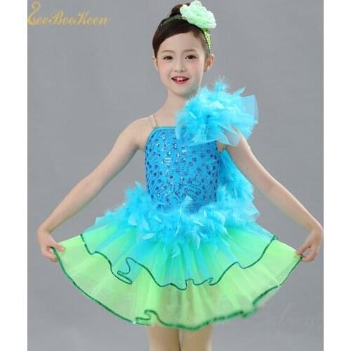 Girls Ballet Dress Tutu Ballet Ballerina Blue Sequin Feather Ballet Tutu Costume Child Stage Performance Dance Dress For Women