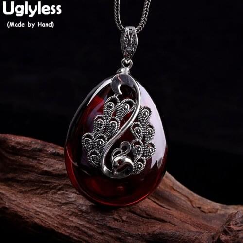 Uglyless Water Drop Garnet Chalcedony Pendants for Women Thai Silver Phoenix Animals Necklaces NO Chains 925 Silver Jewelry P800