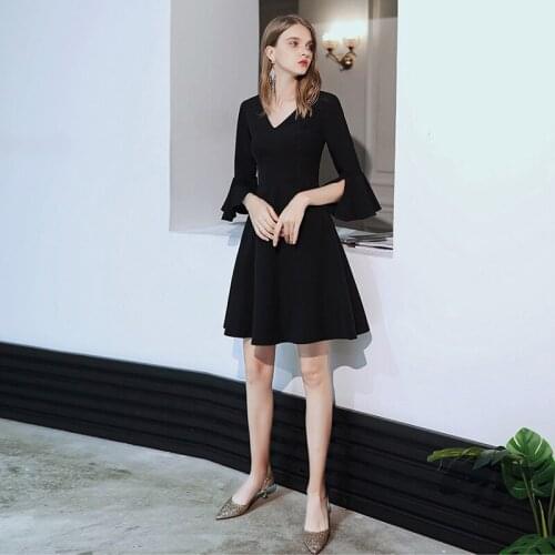 Black Cocktail Dress Half Sleeve V Neck Simple Robe Cocktail Gown Solid Knee Length Cocktail Dresses Ruffle sleeves 2020