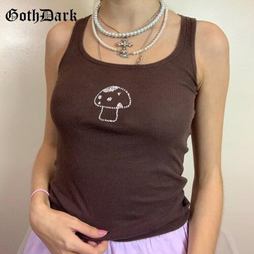 Goth Dark 90s Streetwear Gothic Brown Tank Tops Indie Style Bodycon E-Girl Graphic Rhinestone Women Crop Tops Fashion Sleeveless