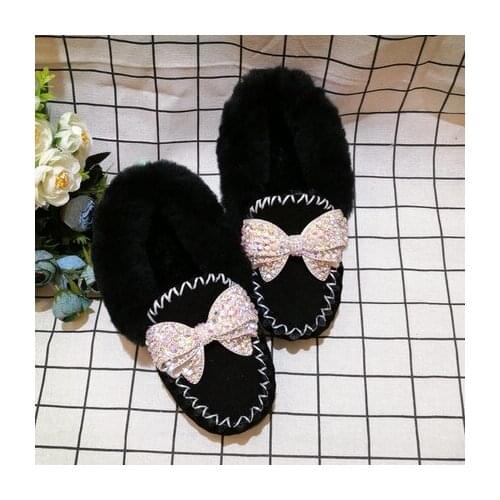 Autumn and winter models diamond bow knot gemstone fur one flat peas small black womens shoes doll shoes