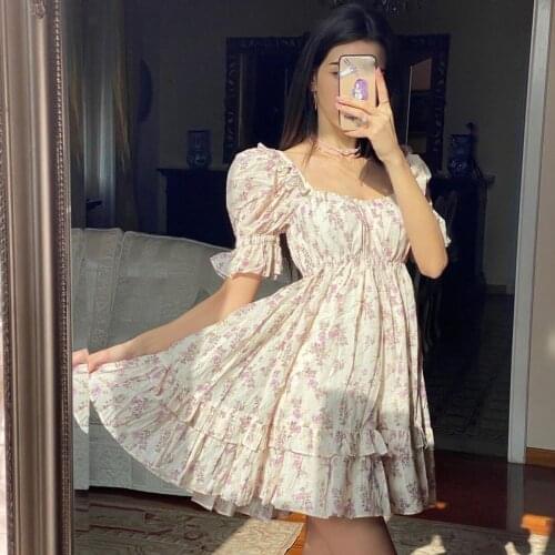 Jastie 2021 Women Dresses Pink Flower Floral Print Square Neck Wood Ear Puff Short Sleeve Dress Bohemian Beach Party Mini Dress