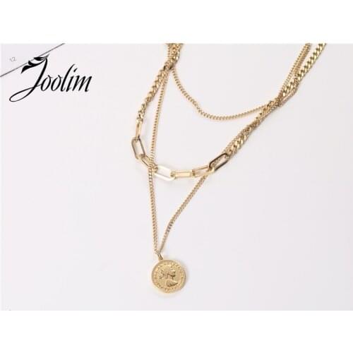 Joolim Jewelry PVD Gold Finish Symple Multilayer Head Portrait Coin Pendant Necklace Stylish Stainless Steel Necklace