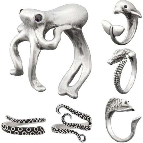 Fei Ye Paws Retro Silver Plated Wild Crocodile Animal Ring Anel Mid Finger Wedding Punk Alligator Rings For Women Men Metal Ring