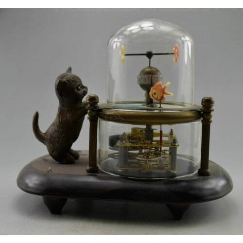 Collectible Decorated Old Handwork Copper Carved Cat Fish Mechanical Table Clock AAAAAAAAA Free shipping