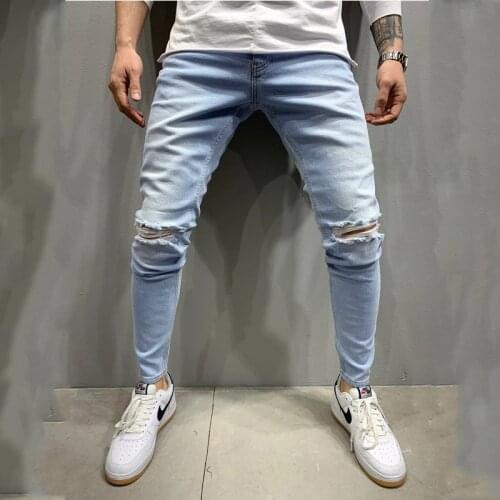 2021 New Solid Color Washed Mens Jeans Slim-fitting Simple Fashion Ripped Jeans Cropped Pants 1410-FK075