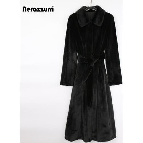 Nerazzurri Winter Long Soft Black Fluffy Faux Fur Coat Women Long Sleeve Belt Turn-down Collar Slim Fit Elegant Fashion 2021
