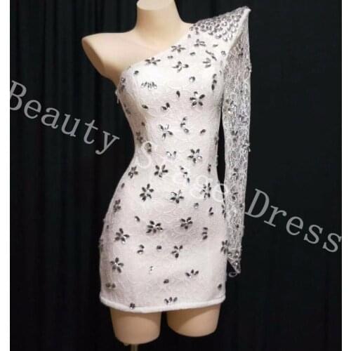 New Bling Silver Rhinestones Dress One-Shoulder White Mesh Sleeve Wear Mini Dress Women Singer Clothes Birthday Celebrate Dress
