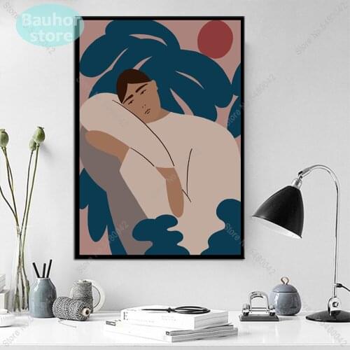 Poster and Print Abstract Boy Girl With Cat Colorful Plants Nordic Canvas Painting Poster Wall Picture for Mural Room Home Decor